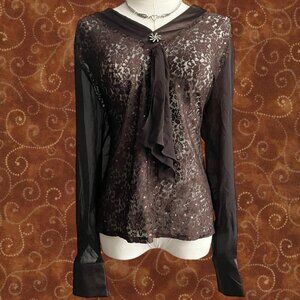 Y2K Sheer Chocolate-Brown Lace Blouse – Fits Like M/L